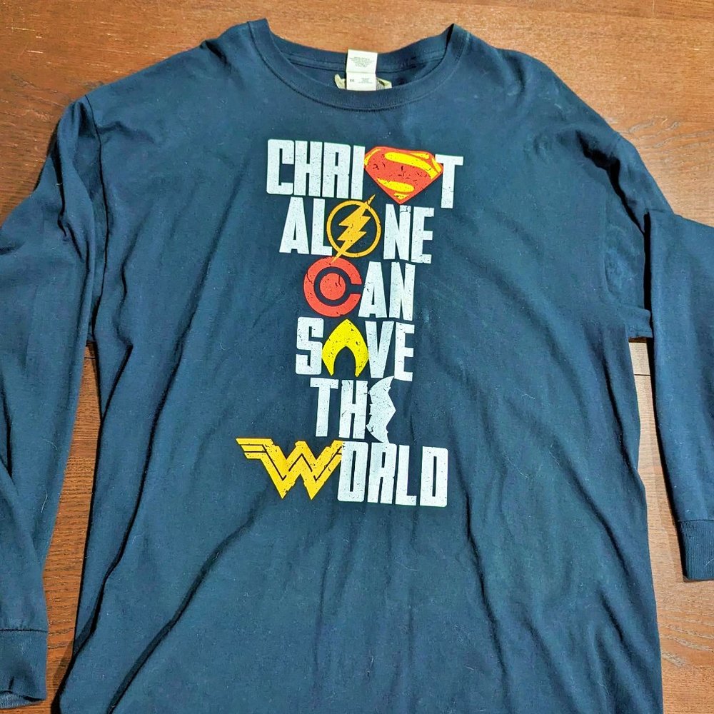 Justice League Christian Graphic Tee XL "Christ Alone Can Save The World"